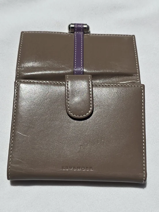 Levenger Wallet Bifold Smooth Taupe Purple Leather Snap Closure Coin Pocket - Picture 16 of 16